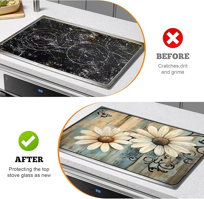 Multi-Design Stove Cover for Glass/Electric Stoves - 3-in-1 Heat-Resistant Protector Mat, Non-Slip Drying Rack 28"x20"