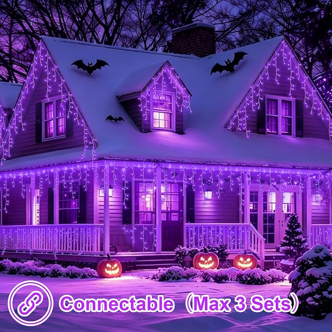 YEGUO 33ft 400 LED Purple Icicle Christmas Lights Outdoor Waterproof, 80 Drops Icicle Light Connectable, 8 Modes Christmas Lights Indoor with Memory Timer