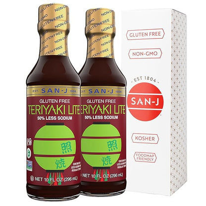 San-J - Gluten Free LITE Teriyaki Sauce with 50% Less Sodium - Well-balanced Sauce for Cooking - Non-GMO - 10 oz. Bottles - 2 Pack