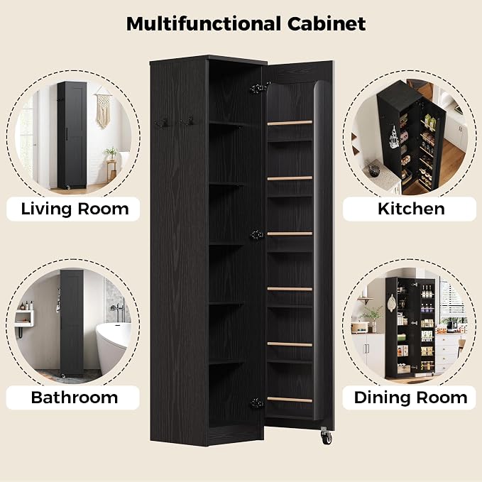 IRONCK Narrow Kitchen Pantry Cabinet, 72" H,Slim for Small Place, Black | Single Door with 6 Adjustable Shelves, Door Rack and Wheels, Space Saving Freestanding Storage Floor Cabinet