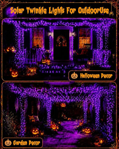 Solar Halloween String Lights Outdoor 2Pack 80FT 200LED Purple Fairy Lights | 8 lighting Modes, Auto On/Off, IP65 Waterproof, Copper Wire Twinkle Lights for Garden Tree Patio Halloween Decorations