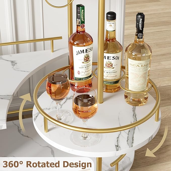 GarveeHome 3-Tier Bar Cart on Wheels, Mobile Serving Cart with Wine Rack and Glass Holder, Metal Kitchen Utility Cart for Coffee Station, Mini Home Bar, Dining Room - Gold+White
