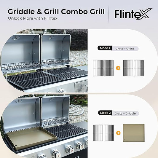 Flintex Propane Gas and Charcoal Grill Combo with Griddle Pan & Porcelain-Enameled Cast Iron Grates, Dual Fuel BBQ Grill for Outdoor Events & Backyard Barbecue, 720 SQIN Cooking Area