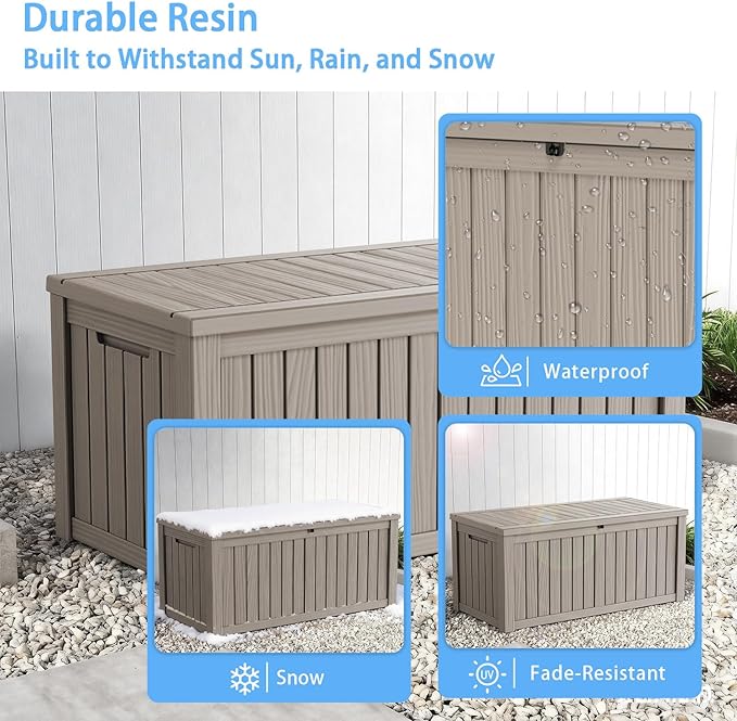 Pepe Tee Waterproof Resin Deck Box, Outdoor Storage Bin for Patio Furniture Cushions, All-Weather Garden Organizer & Seating Bench, Coffee