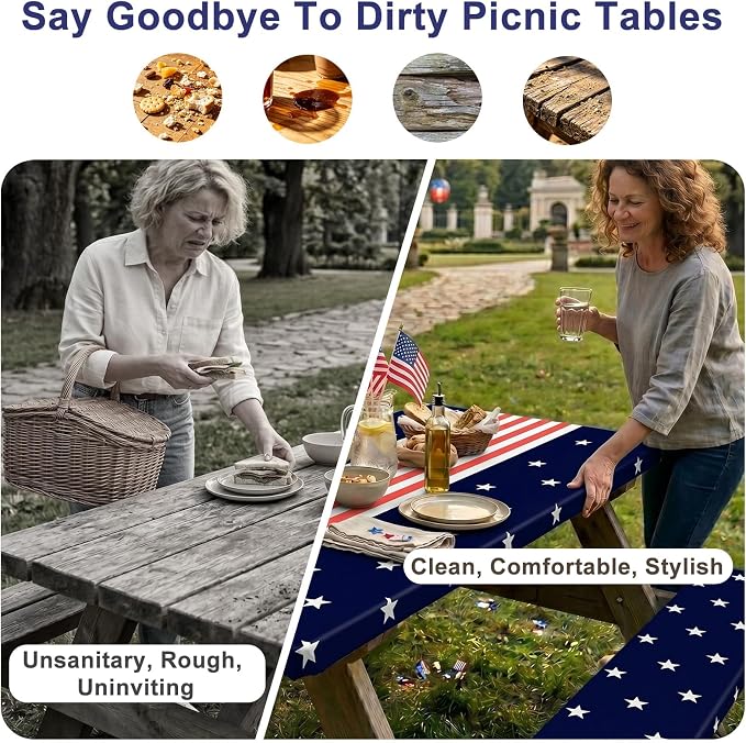 Picnic Table Cover with Bench Covers Windproof Waterproof Picnic Table Covers Camping Tablecloth with Self-Storage Bag, 72in, Navy Blue Runner