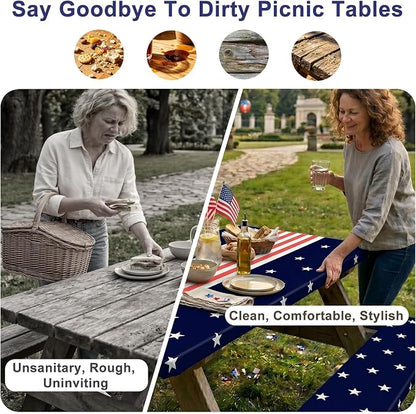 Picnic Table Cover with Bench Covers Windproof Waterproof Picnic Table Covers Camping Tablecloth with Self-Storage Bag, 72in, Navy Blue Runner