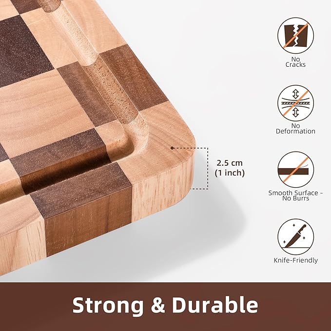 Checkered Cutting Board, Square Wooden Checkerboard Cutting Board for Kitchen 12 x 12 x 1", Rubber Wood Butcher Block Chopping Board with Juice Grooves & Handles for Meat, Vegetables & Cheese