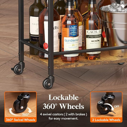 Lifewit Mini 3 Tier Rolling Bar Cart with Lockable Wheels, Rustic Brown | Drink serving liquor utility cart for dining living room, compact size 17 x 11.8 x 32.1 inch, mobile wine storage trolley