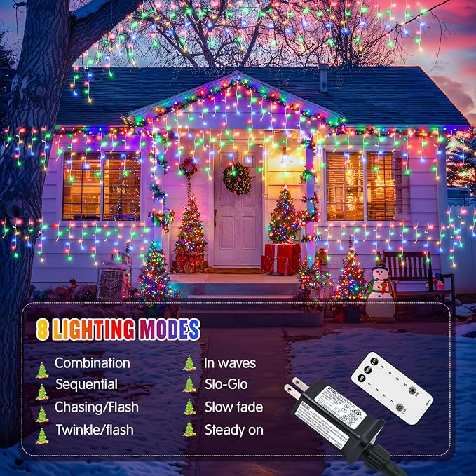 JMEXSUSS Multicolor Icicle Christmas Lights with Remote, 400 LED 38.8Ft | Connectable String Lights Outdoor Plug in, 8 Modes Icicle Lights for Outside Christmas House Yard Patio Eave Decorations