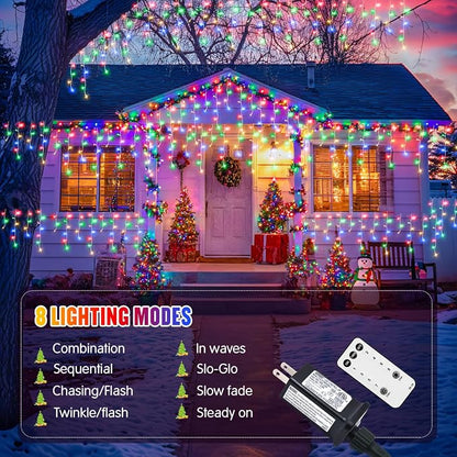 JMEXSUSS Multicolor Icicle Christmas Lights with Remote, 400 LED 38.8Ft | Connectable String Lights Outdoor Plug in, 8 Modes Icicle Lights for Outside Christmas House Yard Patio Eave Decorations