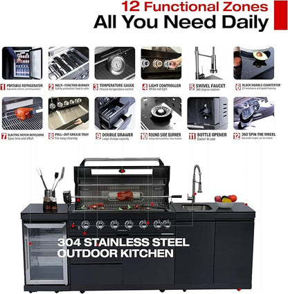 96" Natural Gas Outdoor Kitchen Island - 43-Inch 6-Burner 85,000 BTU Deluxe Stainless Steel Grill Wine Cooler Compact Refrigerator Rotisserie kit Granite Countertops Stainless steel Sink,Black
