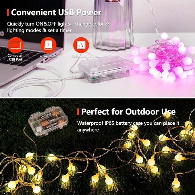 OMIKA 33 FT Globe Battery Powered String Lights, 60 LED Warm White & Multicolor Battery String Light, USB Powered Camping Lights String for Indoor Outdoor Hanging Light for Bedroom Room Party Decor