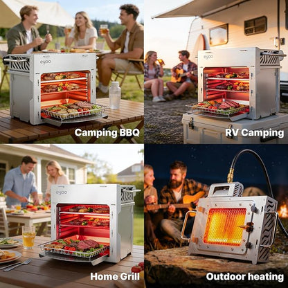 Eyoo Portable Propane Gas Broiler, Tabletop Steak Grill 1472°F High Heat, Outdoor BBQ Grill for Camping, Backyard Cooking, Compact Stainless Steel Broiler