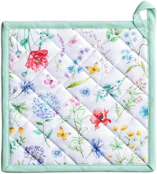 Maison d' Hermine Pot Holders 100% Cotton Heat Resistant Potholders 8" x 8" Hot Pads with Loop BBQ Cooking Baking Hotel Farmhouse Kitchen Handling Hot Pans Spring Summer (Pack of 1, Just Floral)