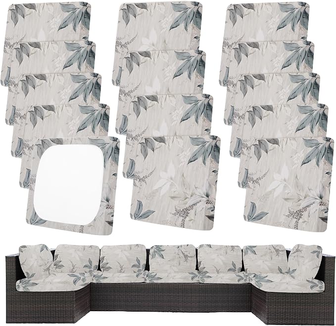 14Pcs Patio Cushion Covers, Outdoor Stretch Cushion Covers, Washable | Stretch Fit, Replacement, Washable and Reusable Furniture Protectors, Fits most patio furniture cushion covers, Cover Only
