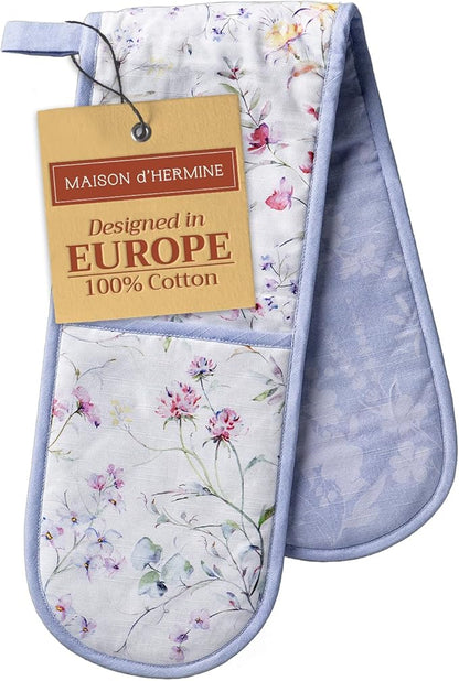 Maison d' Hermine Double Oven Mitts 100% Cotton 7"x35" Double Oven Mitt Heat Resistant BBQ Cooking Gloves with Loop Baking Grilling Kitchen Hotel Home Farmhouse Spring Summer (Summer Floral)