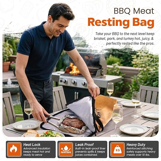 21in Insulated BBQ Meat Resting Bag with Silicone Oven Mitts – 5-Layer Reusable Meat Swaddle, Blanket for Smoker, Beef, Pork, Turkey, Meat Cooler and Resting Bag – Brown