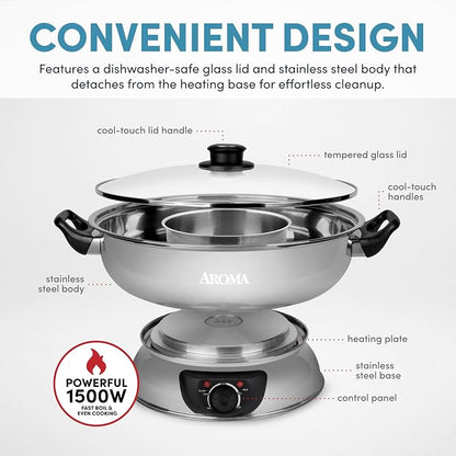 Aroma Stainless Steel Hot Pot, Silver (ASP-600), 5 quart