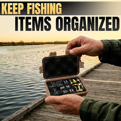 2 Pcs Small Waterproof Box Set, 4.92x2.95x1.53", (Black & Khaki) | Geocache Containers; Durable Plastic Shell, Foam Insert, Tether Loops; for Hiking, Travel, Camping, and Fishing Gear