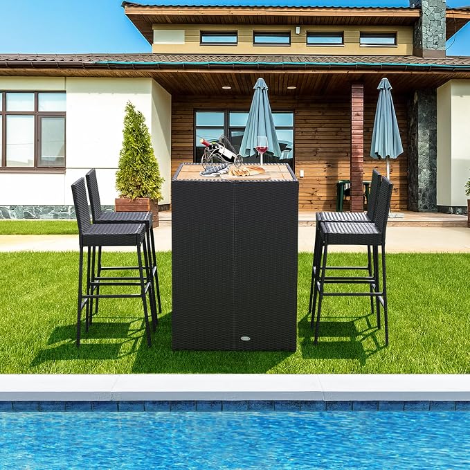 5 Piece Patio Wicker Bar Set, Rattan Bar Stools Set for Bistro with Acacia Wood Tabletop & Seat Cushions, Outdoor High Top Table and Chairs for Backyard Garden Porch Poolside (47.5 Inch)