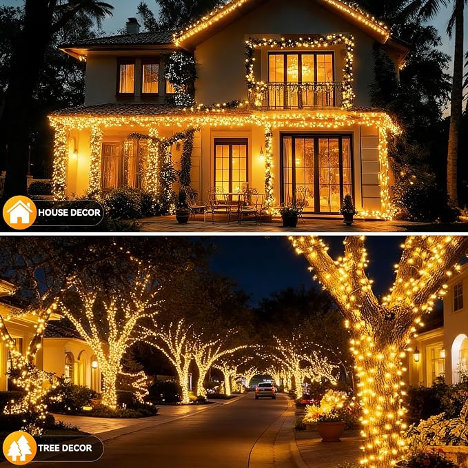 Solar String Lights Outdoor Waterproof 2 Pack Total 66ft 200LED Warm White | 8 Modes Twinkle Lights Solar Fairy Lights for Patio, Garden Yard Party Wedding Tree Christmas Halloween Decoration