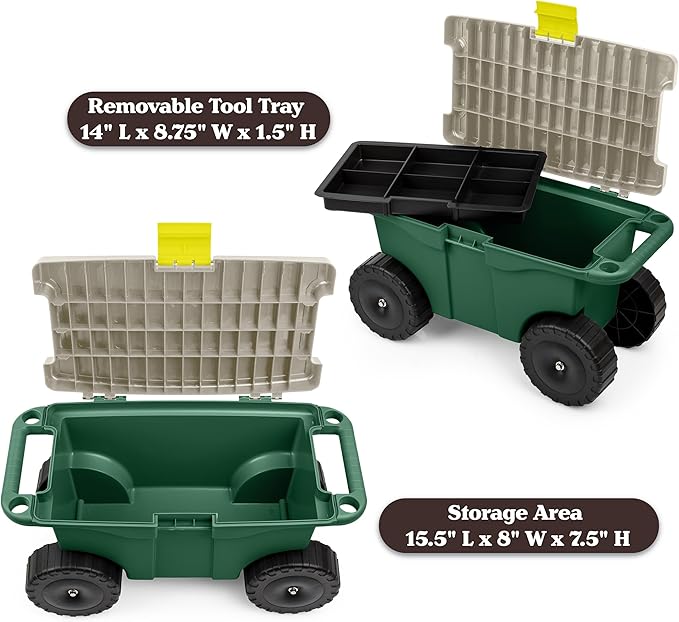 Rolling Garden Cart with Seat - Plastic Storage with Bench and Interior Tool Tray - Gardening Stool for Weeding and Planting By Pure Garden (Green) | Plastic Storage with Bench and Interior Tool Tray - Gardening Stool for Weeding and Planting