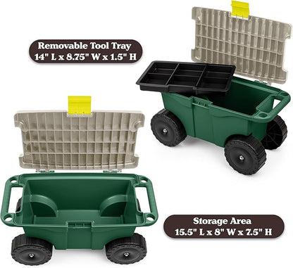 Rolling Garden Cart with Seat - Plastic Storage with Bench and Interior Tool Tray - Gardening Stool for Weeding and Planting By Pure Garden (Green) | Plastic Storage with Bench and Interior Tool Tray - Gardening Stool for Weeding and Planting