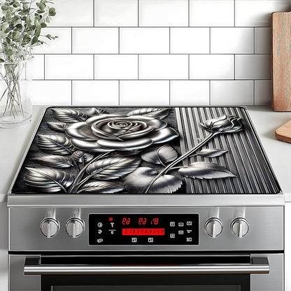 Silver Rose Stove Top Cover Retro Flower Gas Stove Top Cover for Home Decoration Kitchen Pad Non-Stick Washable Cooktop Covers Countertop Protector Keep Stove Clean 28"x20"