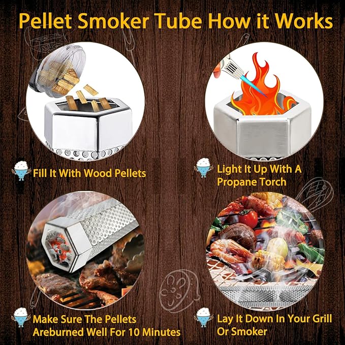 2 Pack 12" Smoker Tube, Pellet Smoker Tube Stainless Steel for BBQ Grill - 5 Hours Billowing Smoke for Hot/Cold Smoking Cheese, Meat, Fish, Hexagon Design, Includes Hooks, Basting & Cleaning Brushes
