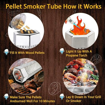 2 Pack 12" Smoker Tube, Pellet Smoker Tube Stainless Steel for BBQ Grill - 5 Hours Billowing Smoke for Hot/Cold Smoking Cheese, Meat, Fish, Hexagon Design, Includes Hooks, Basting & Cleaning Brushes