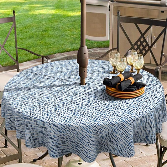 Outdoor/Indoor Round Tablecloth with Umbrella Hole Zipper, Decorative Circular Table Cover for Home Garden, 60 Inch, Pebble Blue