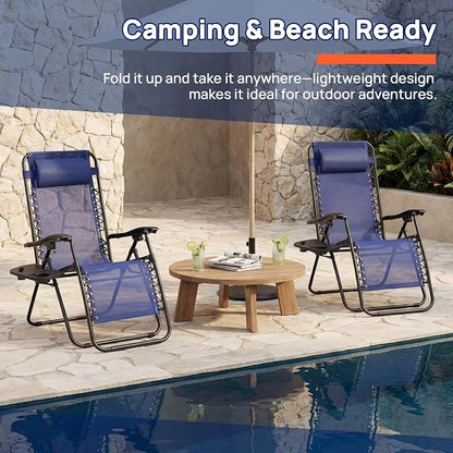 Chaise Lounge Chair Outdoor Set of 2, Oversized Zero Gravity Chair, Blue | Foldable Lounge Chair with Cup Holder, Lawn Chairs Adjustable with Side Table Headrest, Portable Camping Chair for Outdoor