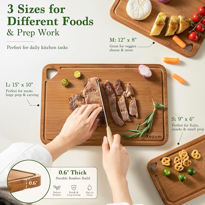 Deep-Carbonized,Royal Craft Wood Bamboo Cutting Board Set, 3-Piece | Durable Bamboo w/ Deep Juice Grooves | Non-Slip & Knife-Friendly | Versatile for Meat, Bread, Veggies | Easy to Hang Store