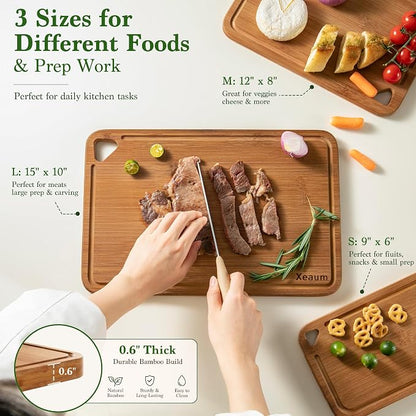 Deep-Carbonized,Royal Craft Wood Bamboo Cutting Board Set, 3-Piece | Durable Bamboo w/ Deep Juice Grooves | Non-Slip & Knife-Friendly | Versatile for Meat, Bread, Veggies | Easy to Hang Store