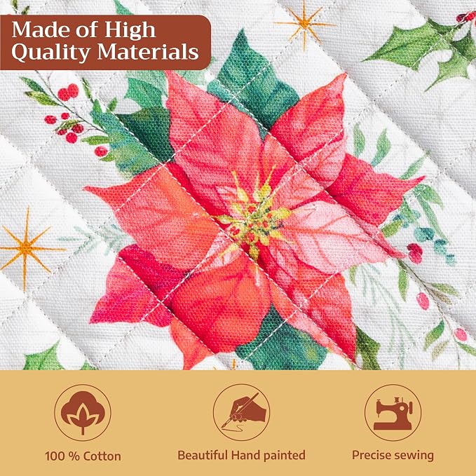 Maison d' Hermine Pot Holders 100% Cotton Potholders (8" x 8", Pack of 1) | Heat Resistant Hot Pads with Loop BBQ Cooking Baking Kitchen Handling Hot Pans Thanksgiving Christmas - Poinsettia Christmas