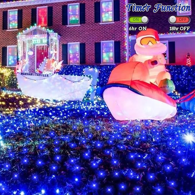 QITONG Net Lights Outdoor Mesh Lights, 12ft x 5ft 360 LED Blue Christmas Light with 8 Modes, Connectable Clear Wire Bush Light Plug in