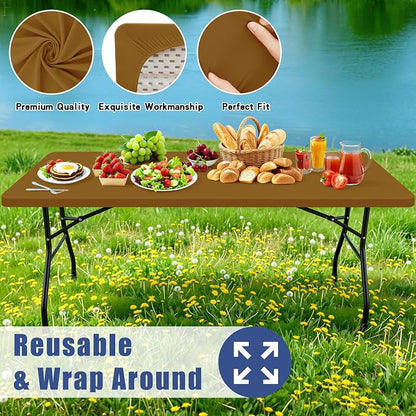 Moosfor Spandex 8 Foot Rectangle Table Cloth, Elastic Fitted Tablecloths for Picnic, Stretch Washable Patio Table Cover for Outdoor, Camping, Banquet and Parties (Dark Brown, 30"x96")