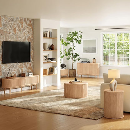 LINSY HOME 55" Sideboard Buffet Cabinet,Tambour Sliding Doors & Drawer | Oak Fluted Coffee Bar Cabinet with Large Storage, Mid Century Modern Wood Storage Buffet Table for Kitchen, Living Room