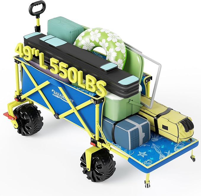 300lbs Extra Long 49" L Beach Wagon with Big Wheels with Brake for Sand, Collapsible Utility Beach Cart Heavy Duty Folding Wagon,Ideal for Outdoor Sand Camping Garden Pet