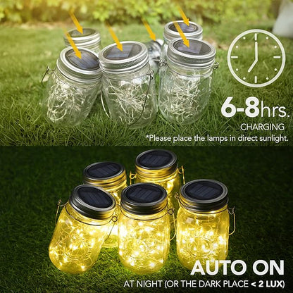Mason Jar Solar Lights -30 LED, 6 Pack Hanging Lantern, Warm White | Waterproof, Solar Powered Fairy Lights for Indoor Outdoor Garden Patio Pathway Backyard Decor