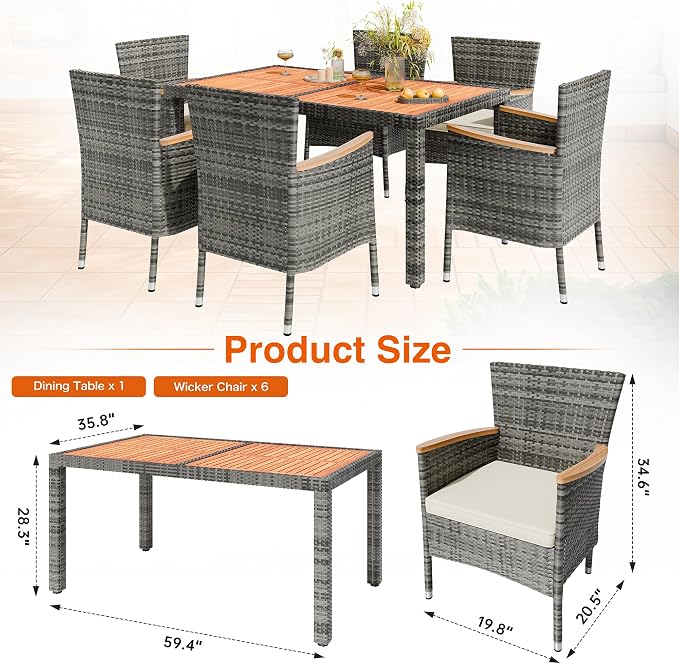 Shintenchi 7 PCS Patio Dining Set, Wicker Patio Conversation Set with Wooden Table Top, Outdoor Table and Chairs with Soft Cushions for Backyard, Deck and Garden, Grey Rattan