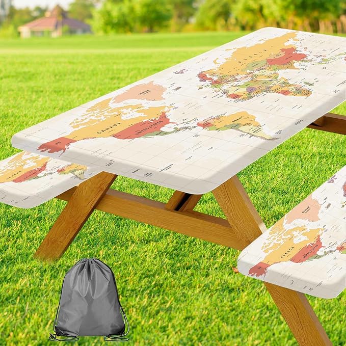 JAWO World Map Picnic Table Cover with Bench Covers, Camper RV Essentials Gear Supplies Outdoor Waterproof Windproof Tablecloth with Elastic, 30X96in