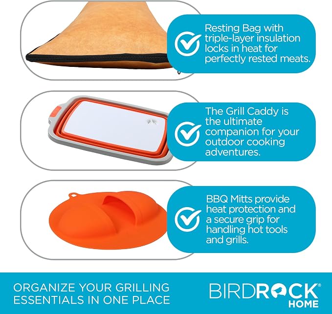 BIRDROCK HOME Collapsible Large BBQ Prep Tub, BBQ Resting Bag & 2pc BBQ Mitts - Multi-Function Grill Caddy w/Colander & Lid, Portable Silicone Dish Bowl for Picnic, Tailgate, Camping