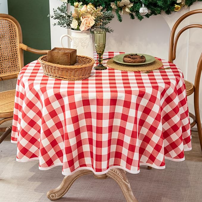 Red and White Gingham Tablecloth, Waterproof Outdoor Picnic Table Cover for Summer BBQ, Farmhouse Kitchen, Patio Dining, Reusable Machine Washable Checkered Table Cloth, 60" Round