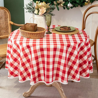Red and White Gingham Tablecloth, Waterproof Outdoor Picnic Table Cover for Summer BBQ, Farmhouse Kitchen, Patio Dining, Reusable Machine Washable Checkered Table Cloth, 60" Round