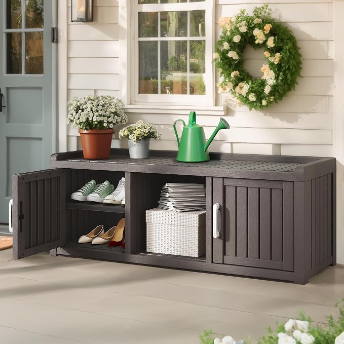 NUNU LAB Resin Shoe Cabinet,Waterproof Shoe Storage Cabinet with Adjustable Shelves,Entryway Storage Bench with Seat,Shoe Bench with Doors for Foyer,Hallway,Living Room (Grey, 2-Door Big)