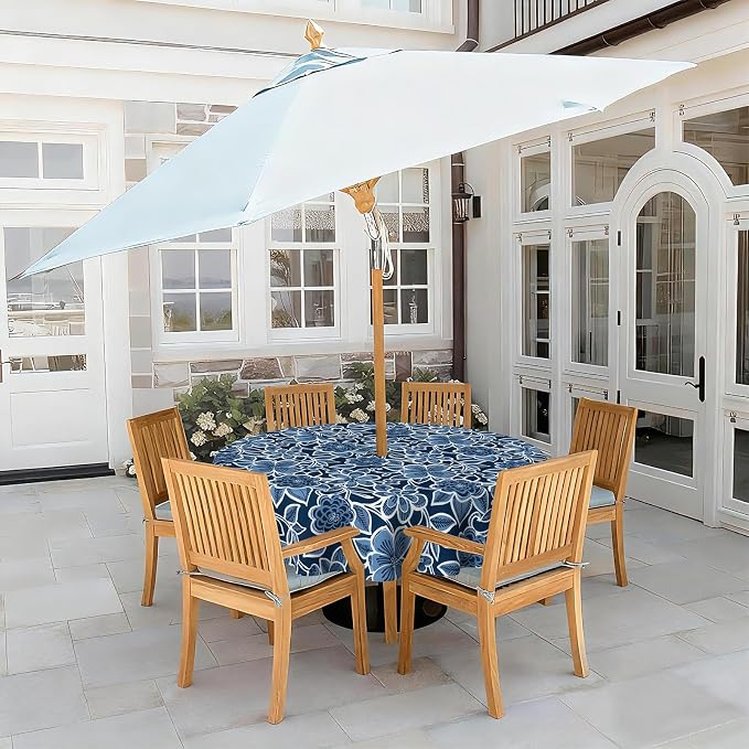 LVTXIII Round Outdoor Tablecloth with Umbrella Hole and Zipper, Water-Repellent 60 Inch Patio Table Cover for Bistro, Garden, Patio & Picnic, Flower Navy