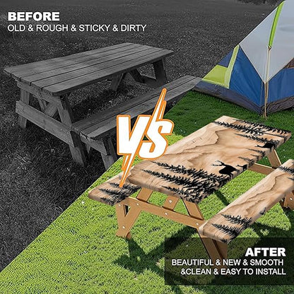 Picnic Table Cover with Bench Covers Camping Essentials Rustic Hunting Deer Forest Waterproof Windproof Camping Tablecloth Fitted Tablecloth Cover with Elastic Edge for Indoor Outdoor 3 PCS 30x96 Inch
