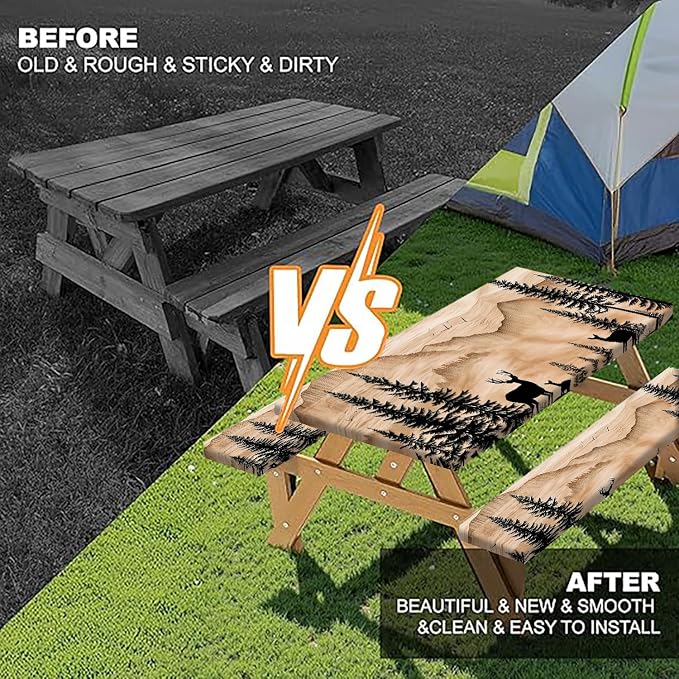 Picnic Table Cover with Bench Covers Camping Essentials Rustic Hunting Deer Forest Waterproof Windproof Camping Tablecloth Fitted Tablecloth Cover with Elastic Edge for Indoor Outdoor 3 PCS 30x60 Inch