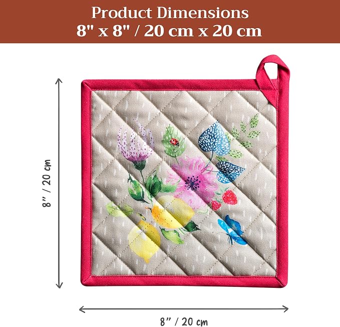 Maison d' Hermine Pot Holders 100% Cotton Potholders (8" x 8", Pack of 1) | Heat Resistant Hot Pads with Loop BBQ Cooking Baking Farmhouse Kitchen Handling Hot Pans Spring Summer - Jardin D'Ete - Fog